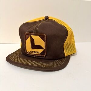 SOLD Vintage Lawson Patch Trucker Hat Cap Snapback Brown Yellow USA Made 80s